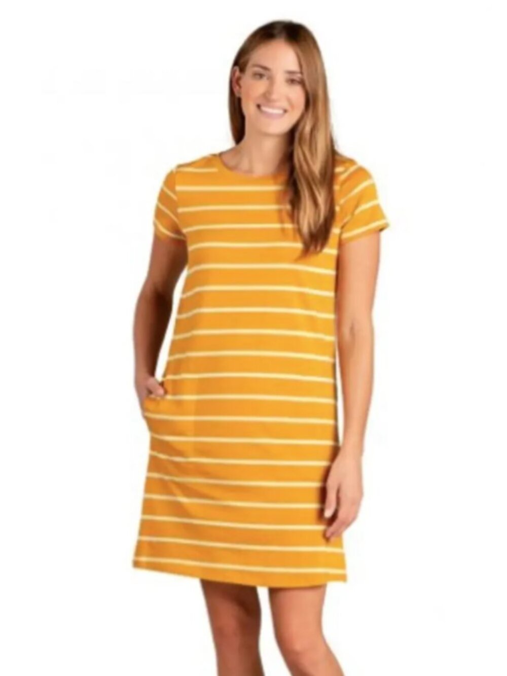 Toad&Co Windmere II Striped Short Sleeve Pocket Dress Yellow Womens Small S